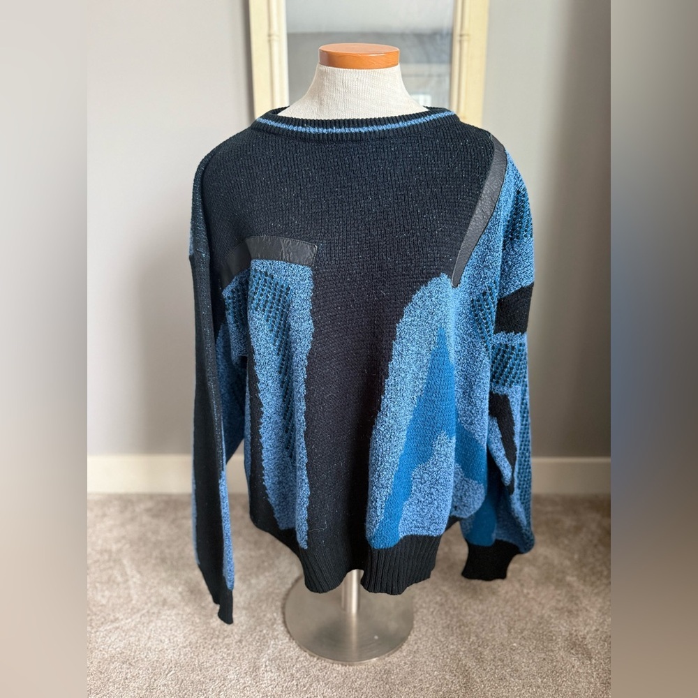 Vintage Black and Blue Abstract Acrylic Crewneck Sweater with Leather accents